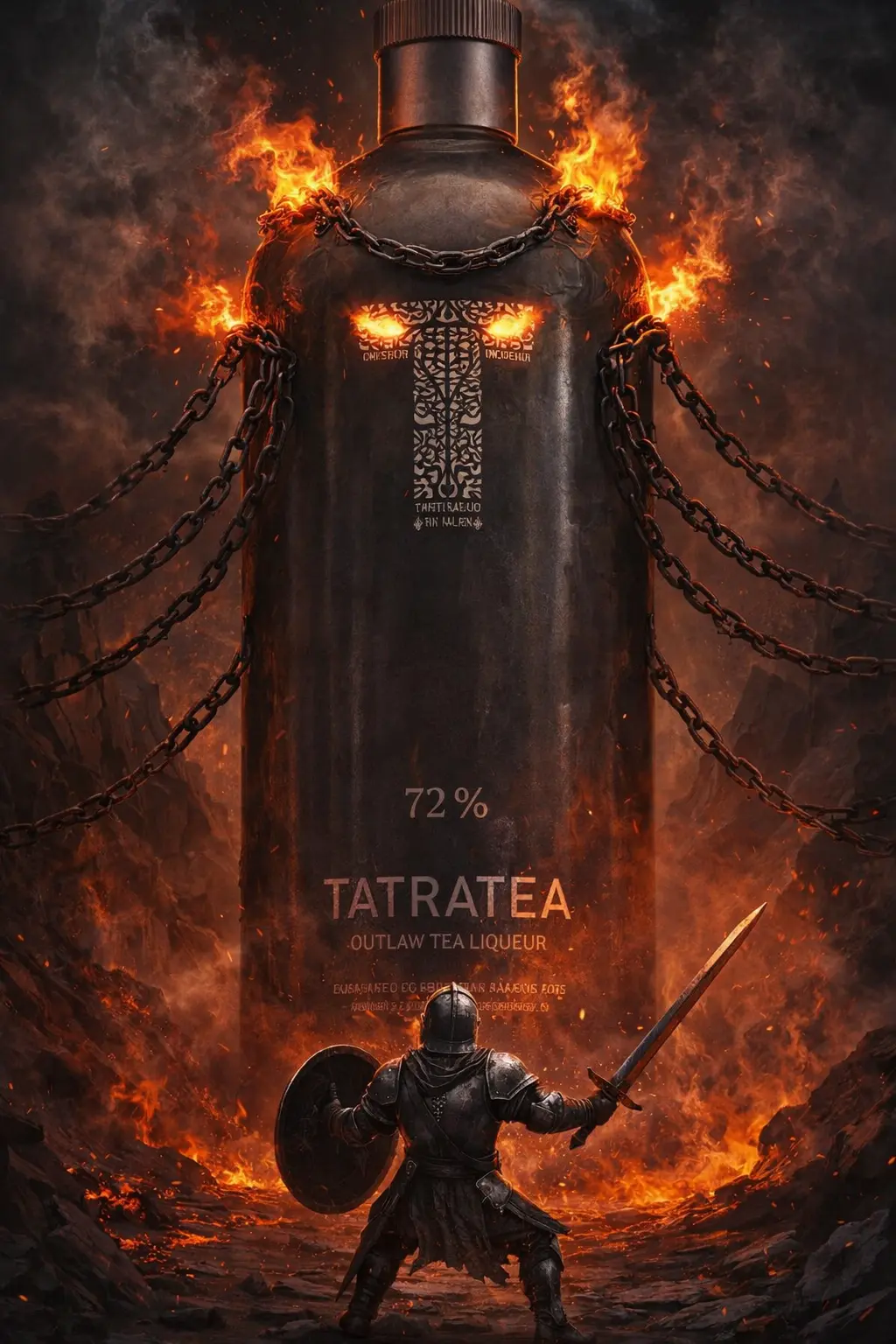 Láhev Tatratea 72 ovázaná řetězy v ohnivém podzemí