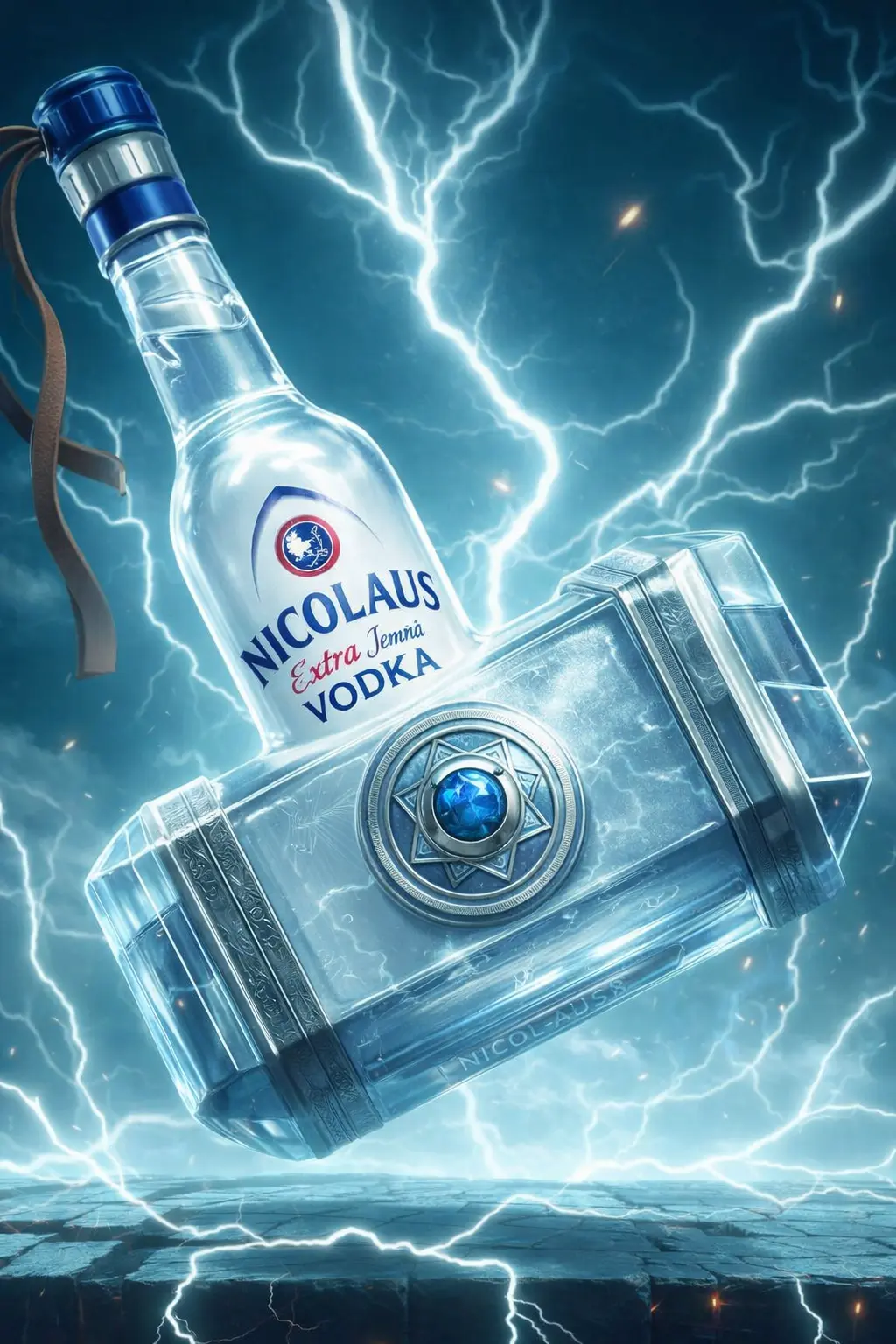 Láhev Nicolaus vodka ve tvaru kladiva obklopená blesky