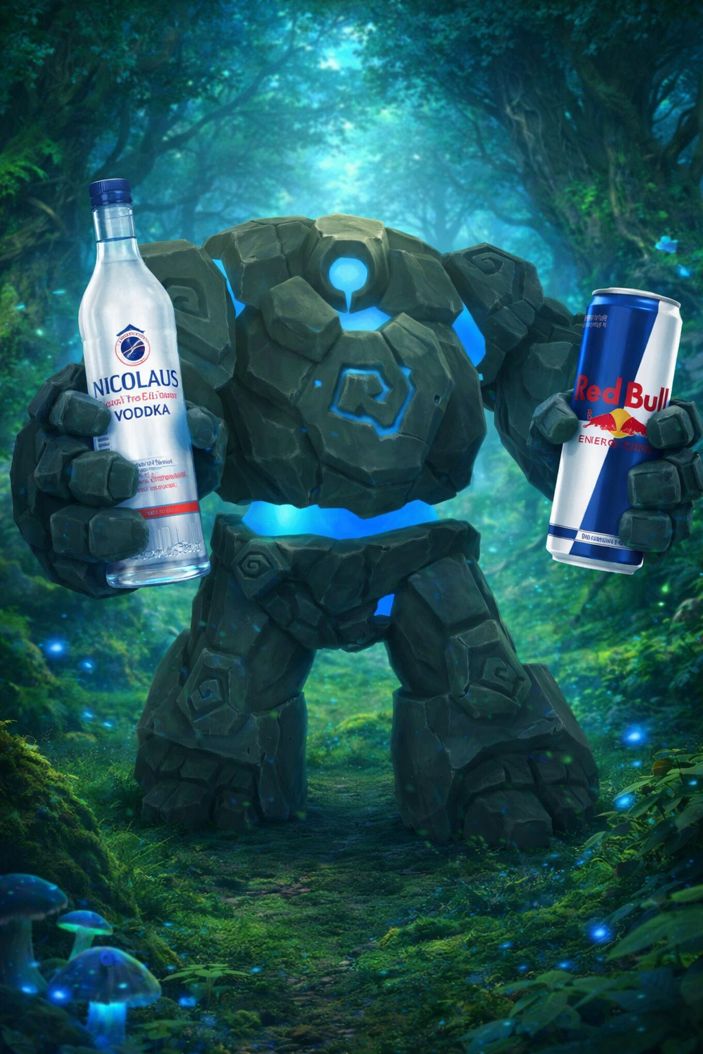 Láhev Nicolaus vodka a plechovka Red Bull v kouzelném lese