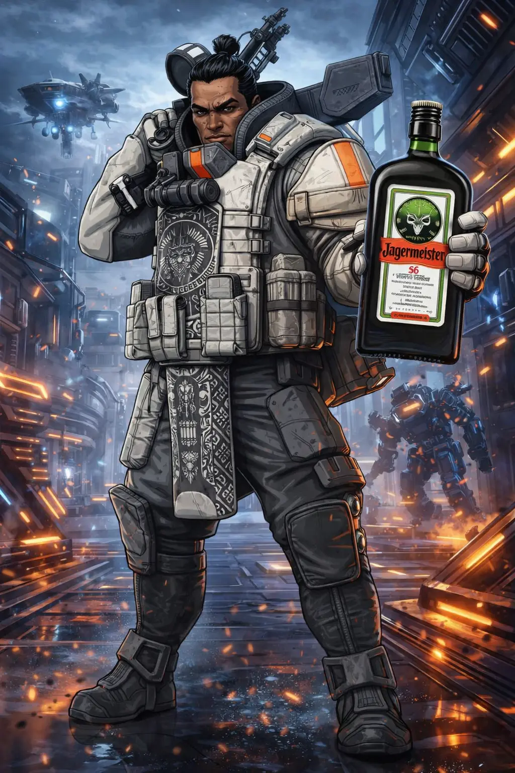 Láhev Jägermeister v ruce postavy z kyberpunkového města