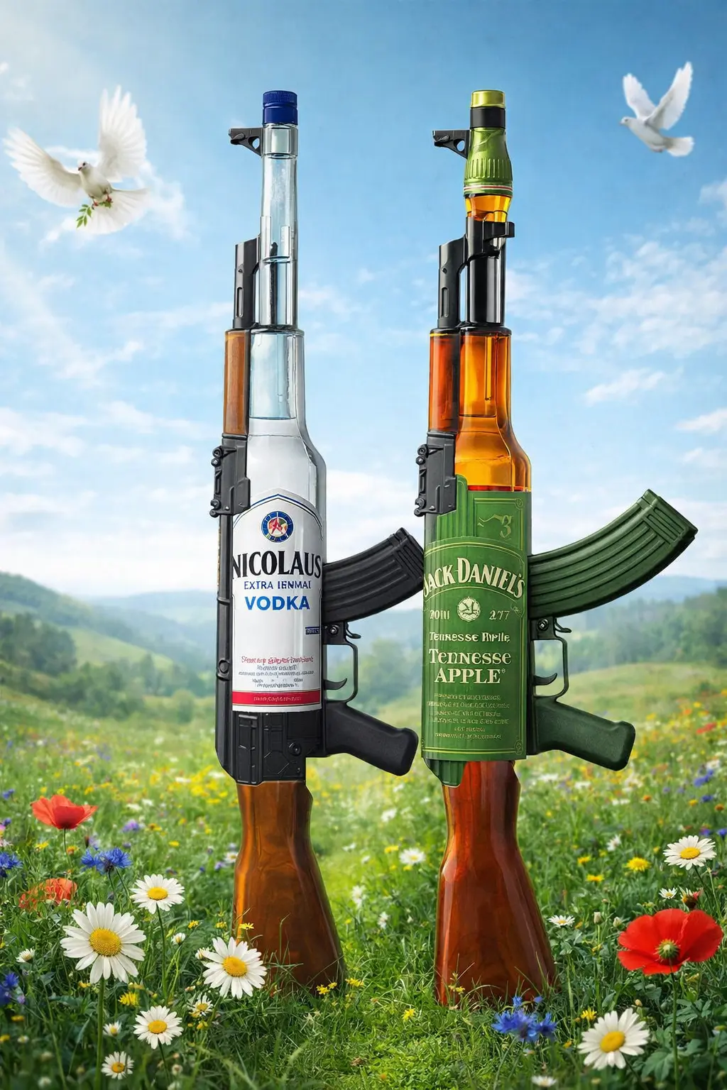 Láhve Nicolaus vodka a Jack Daniel's Apple ve tvaru pušek AK-47 v květinové louce