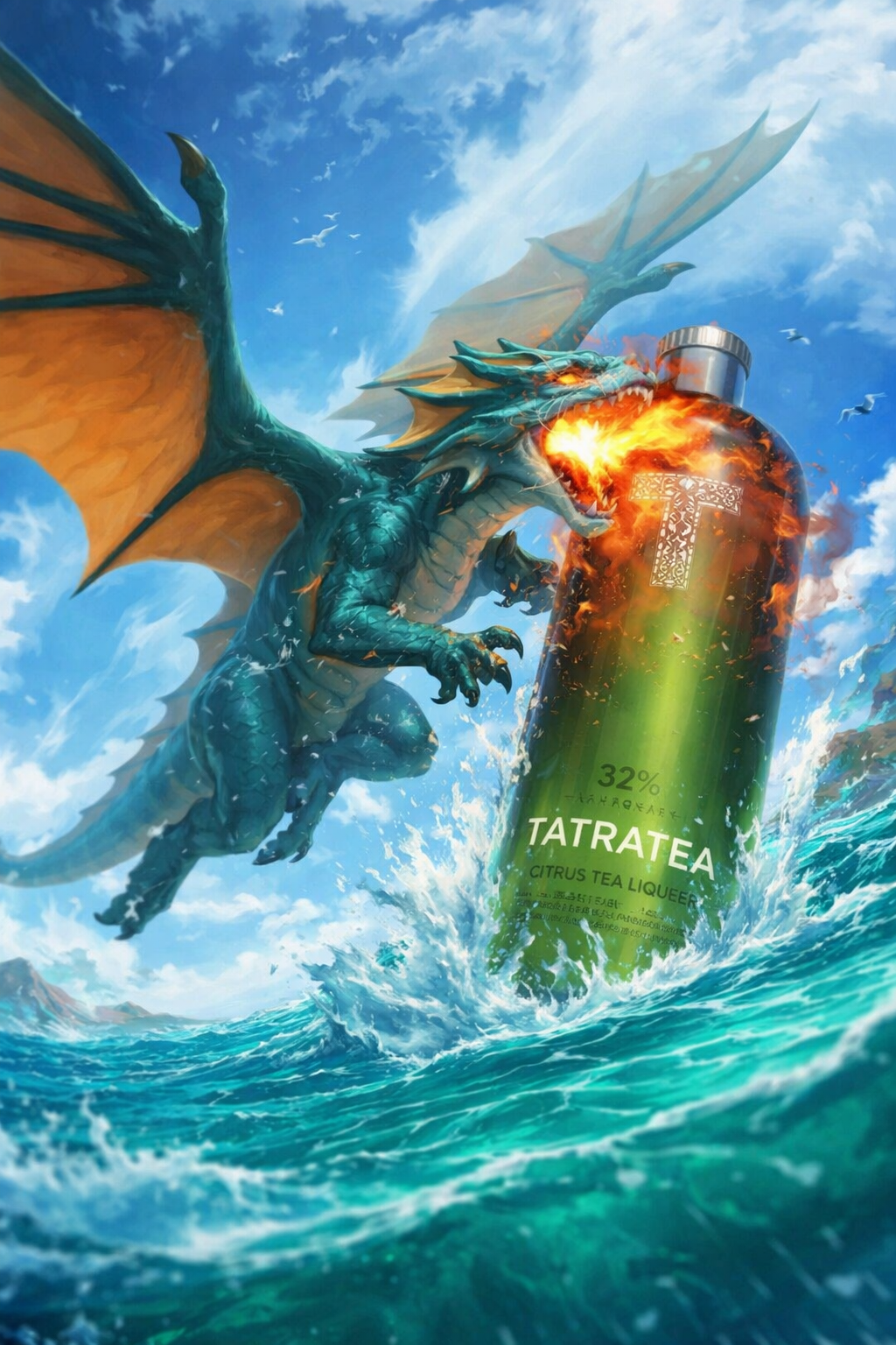 Láhev Tatratea 32 v mořských vlnách, kterou polévá drak